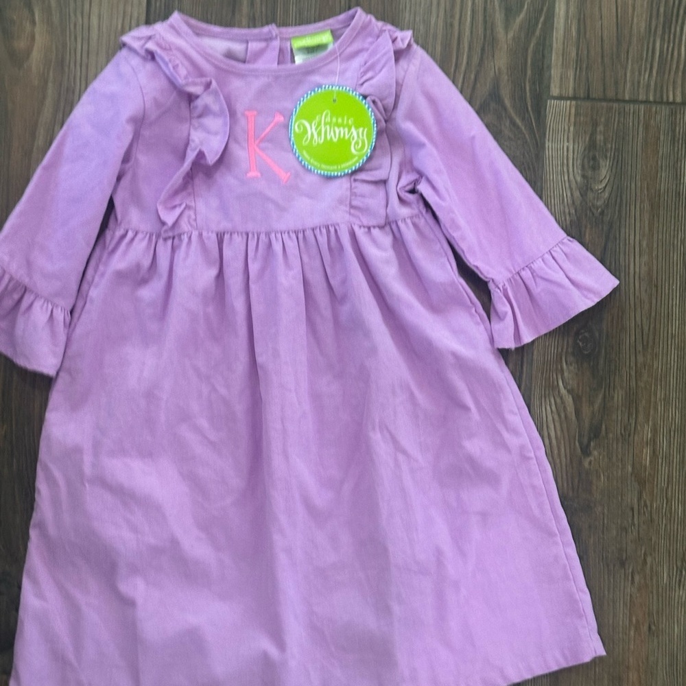 Girls Lilac Purple Smocked Ruffle-Trim Long Sleeve Dress K Monogram Embroidered - Picture 3 of 10